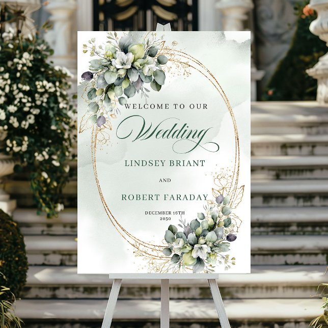 Chic Eucalyptus Gold Welcome Wedding Sign (Chic Eucalyptus Gold Welcome Wedding Sign)