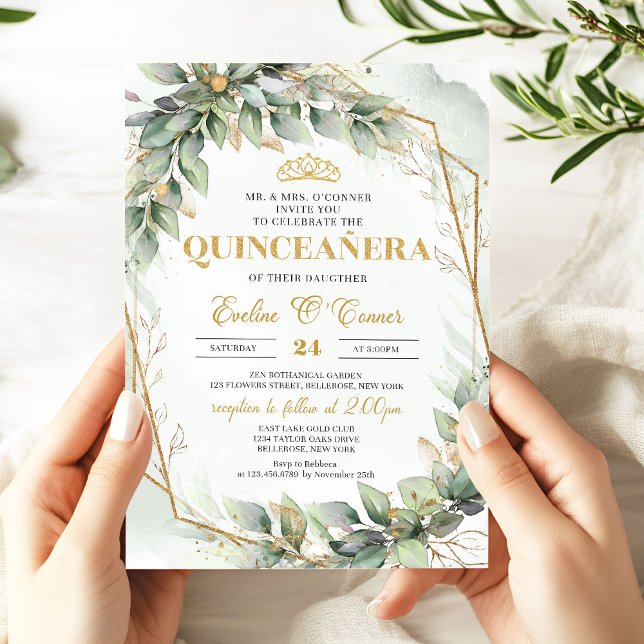 Chic eucalyptus greenery gold glitter Quinceañera Invitation (Lavish eucalyptus greenery gold glitter quinceanera invitation with gold tiara)
