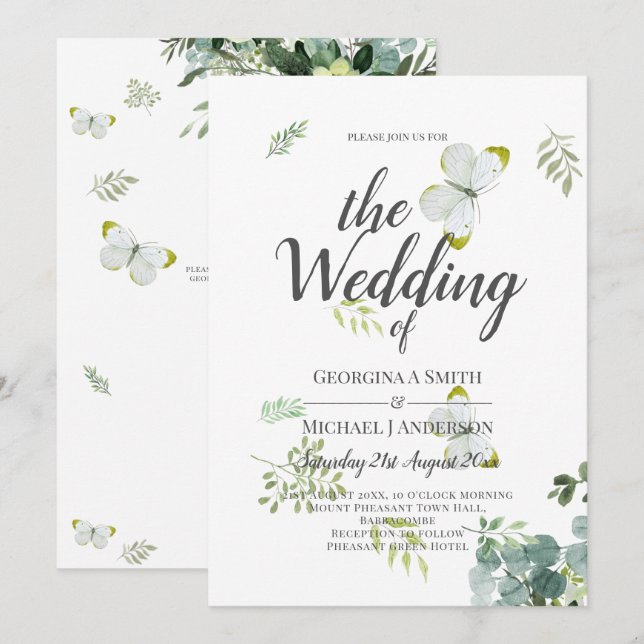 Chic Eucalyptus Greenery Leaves Emerald Wedding Invitation (Front/Back)