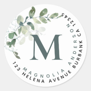 Chic Eucalyptus Monogram  Return Address Classic Round Sticker