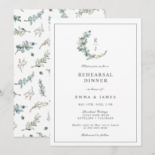 Chic Eucalyptus Monogram Wreath Rehearsal Dinner I Invitation