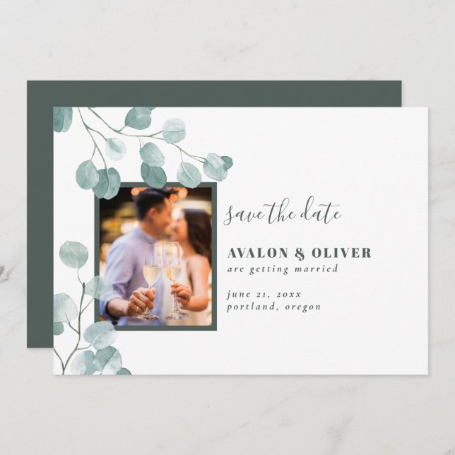Chic Eucalyptus Photo Save The Date (Front/Back)