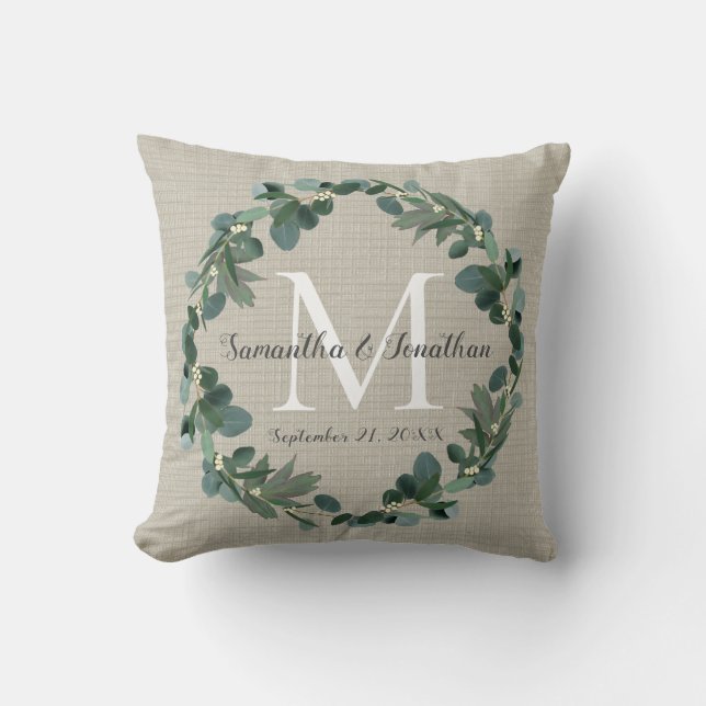 Chic Eucalyptus Wreath Monogram Wedding Keepsake Throw Pillow (Front)