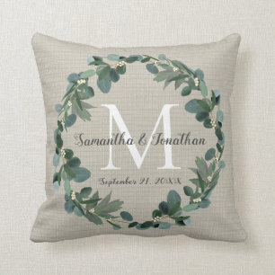 Chic Eucalyptus Wreath Monogram Wedding Keepsake Throw Pillow
