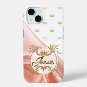 Chic Faith Pink Satin Gold Crown Design Jesus iPhone 15 Case