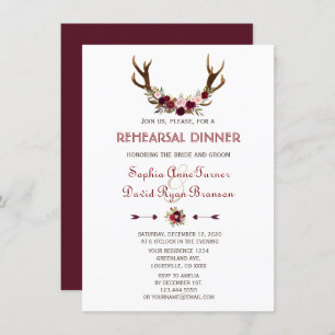 Chic Fall Marsala Floral Antlers Rehearsal Dinner Invitation