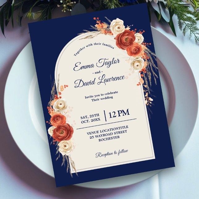Chic fall orange terracotta navy floral wedding  invitation (Creator Uploaded)