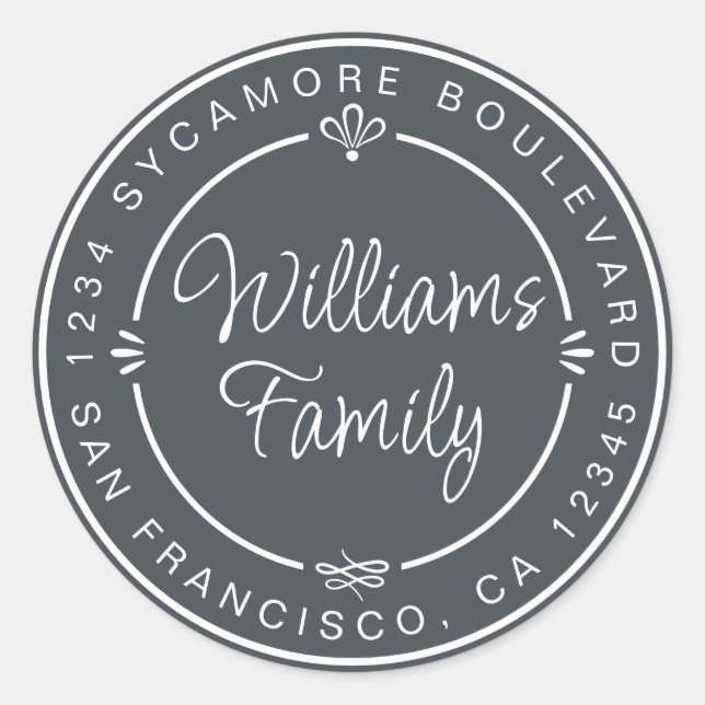 Chic Family Monogram Return Address Black Classic Round Sticker (Front)