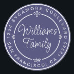 Chic Family Monogram Return Address Navy Blue Classic Round Sticker<br><div class="desc">Chic, modern and simple homemade wedding return address sticker with your family name and address in white elegant handwritten script calligraphy and stylish typography on a navy blue background, embellished with laurels and other rustic decorative details. Simply add your monogram name and address Exclusively designed for you by Happy Dolphin...</div>