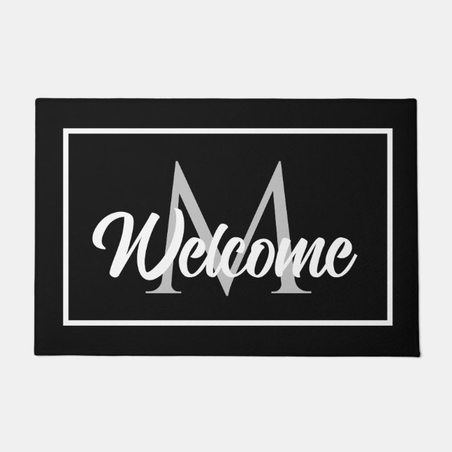 Chic Family Monogram Welcome Mat Black White Grey (Front)