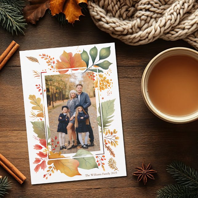 Chic Family Thanksgiving Photo Fall Leaf Border Holiday Card (Creator Uploaded)