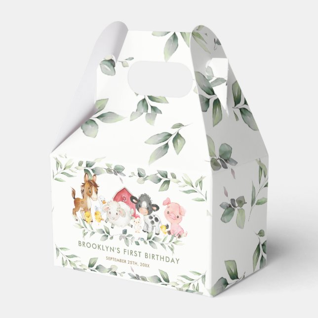 Chic Farm Animals Barnyard Greenery 1st Birthday Favor Box (Front Side)