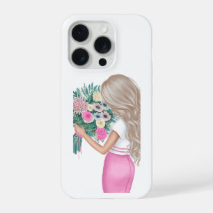 Chic Fashion Girl Holding Floral Bouquet Pink iPhone 15 Pro Case