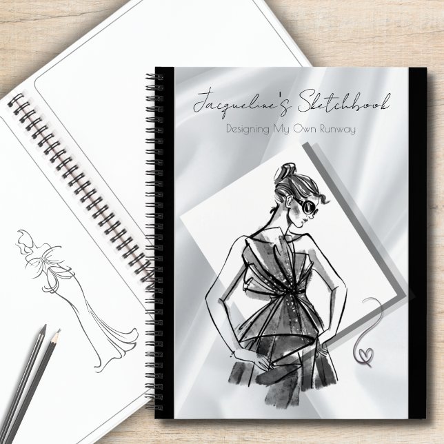 Chic Fashion Sketchbook Personalized Notebook (Chic fashion sketchbook personalized notebook with silver satin cover and custom name template.)