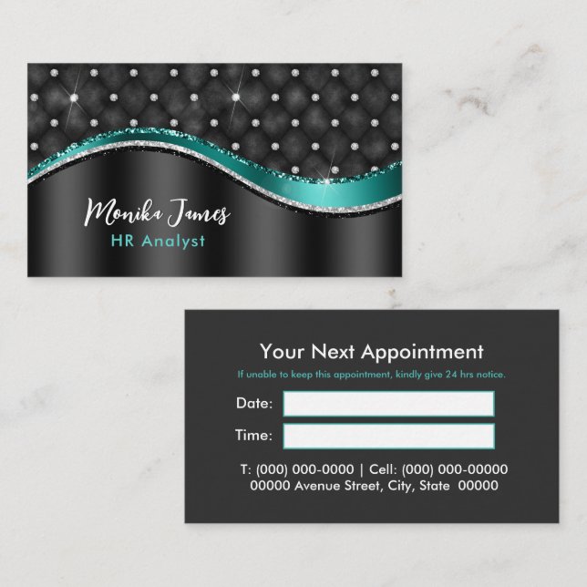 Chic Faux Brushed Metal Black Teal Monogram Appointment Card (Front/Back)