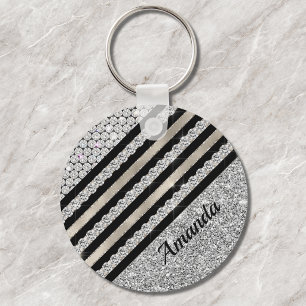 Chic faux Crystal and Silver glitter Personalised Keychain