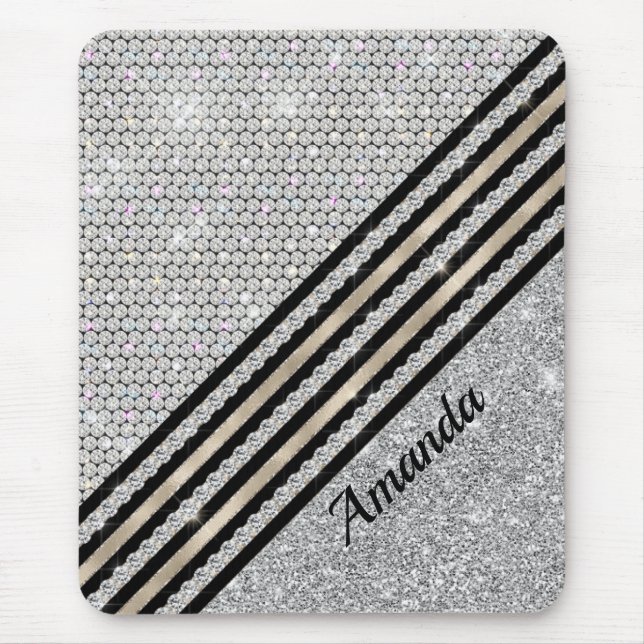 Chic faux Crystal and Silver glitter Personalised Mouse Pad (Front)