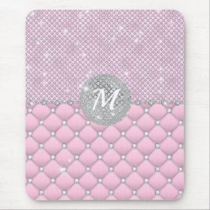 Chic Faux Crystal Pink Silver Diamond Monogram Mouse Pad