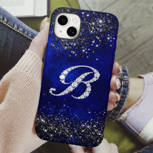Chic faux Crystal rhinestone letter B royal blue iPhone 15 Case
