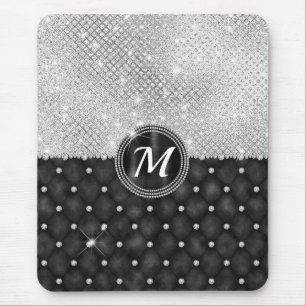 Chic Faux Crystal Silver Black Diamond Monogram Mouse Pad