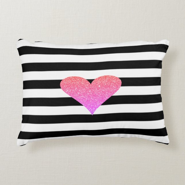 Chic Faux Glittery  Hearts Black White Stripes Accent Pillow (Front)