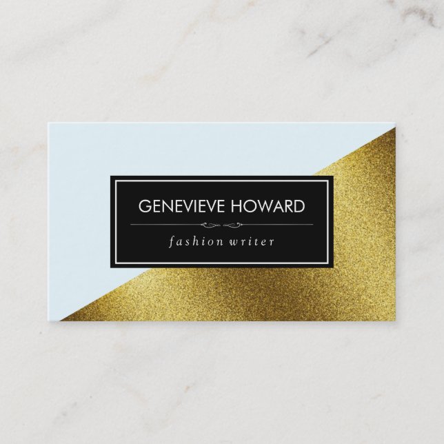 Chic Faux Gold and Blue Geometric Colour Block Business Card (Front)