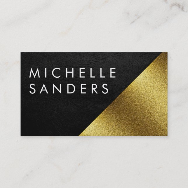 Chic Faux Gold and Leather Geometric Colour Block Business Card (Front)