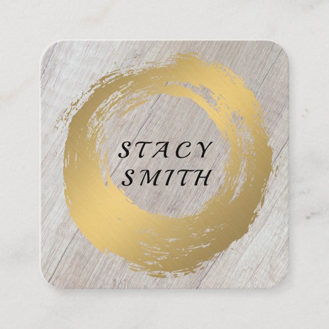Chic Faux Gold Brushed | Wood Grain Square Business Card (Front)