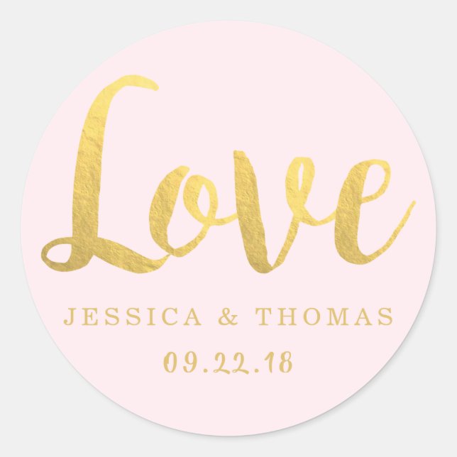 Chic Faux Gold Foil & Blush Pink Wedding Love Classic Round Sticker (Front)