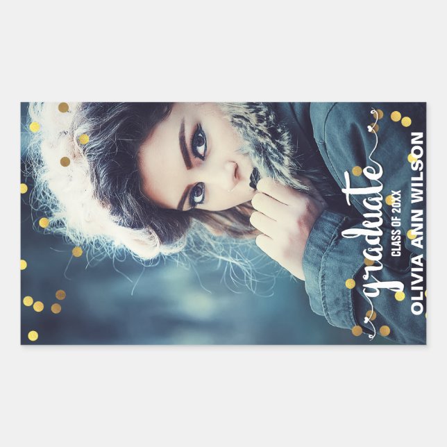 Chic Faux Gold Foil Confetti Photo Graduation Sticker (Front)
