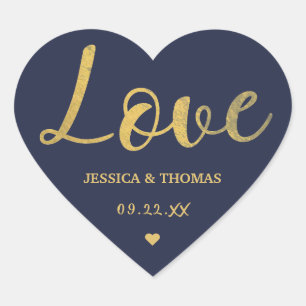 Chic Faux Gold Foil Custom Wedding Love Template Heart Sticker