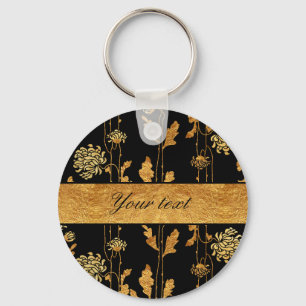 Chic Faux Gold Foil Flowers on Black Keychain