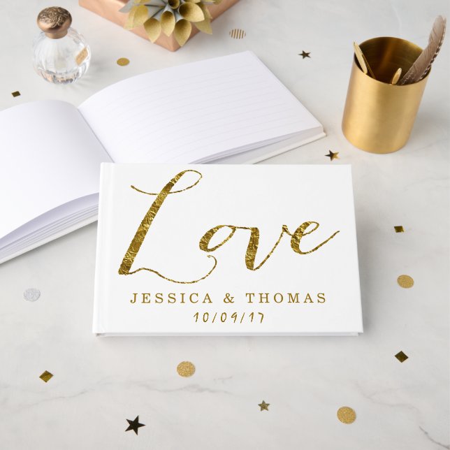 Chic Faux Gold Foil Love Custom Wedding Love Guest Book (Front Open)