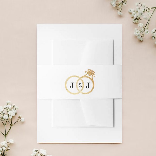 Chic Faux Gold Foil Monogram Wedding Rings Invitation Belly Band (Creator Uploaded)