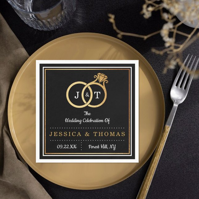 Chic Faux Gold Foil Monogram Wedding Rings Napkin (Creator Uploaded)