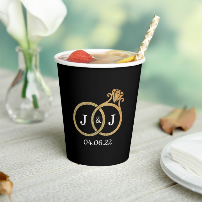 Chic Faux Gold Foil Monogram Wedding Rings Paper Cups (Insitu)
