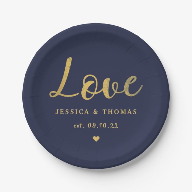 Chic Faux Gold Foil Typography Script Love Wedding Paper Plate (Front)