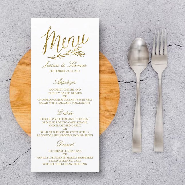 Chic Faux Gold Foil Wedding Menu Template (Creator Uploaded)