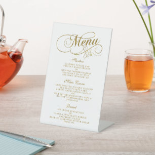 Chic Faux Gold Foil Wedding Menu Template Pedestal Sign