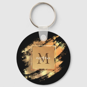 Chic Faux Gold Glam Brushstroke Monogrammed Keychain