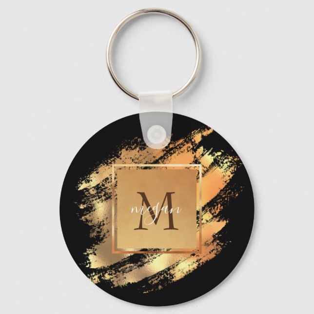 Chic Faux Gold Glam Brushstroke Monogrammed Keychain (Front)