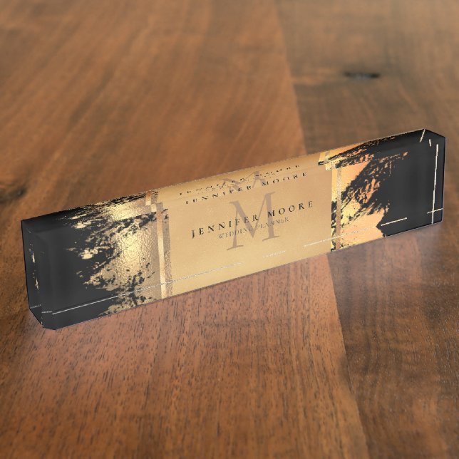 Chic Faux Gold Glam Brushstroke Monogrammed Nameplate (Side)