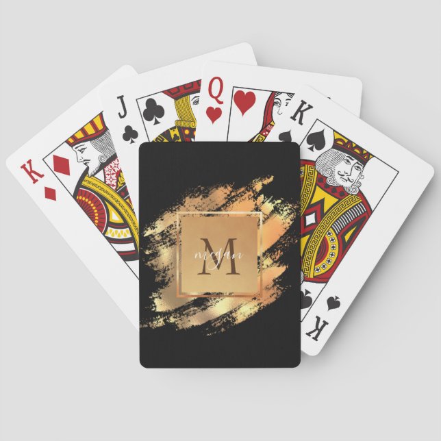 Chic Faux Gold Glam Brushstroke Monogrammed Playing Cards (Back)