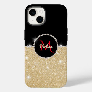 Chic faux Gold Glitter Black & Pearl Monogram  Case-Mate iPhone 14 Case