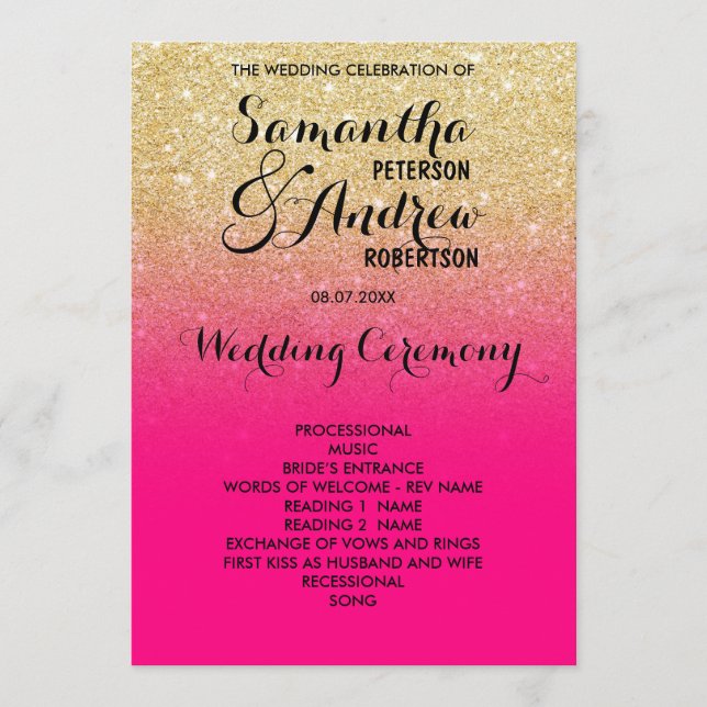 Chic faux gold glitter hot pink wedding program (Front)
