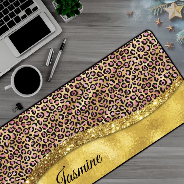 Chic faux gold glitter pink animal print Monogram Desk Mat (Creator Uploaded)