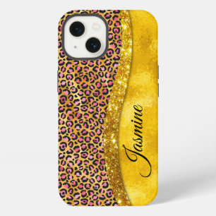 Chic faux gold glitter pink animal print Monogram iPhone 13 Case