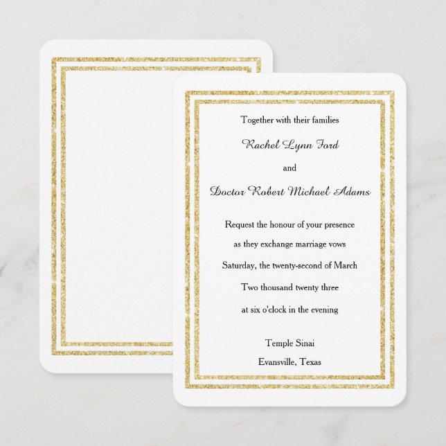 Chic Faux Gold Glittered Trim - 3x5 Wedding Invite (Front/Back)