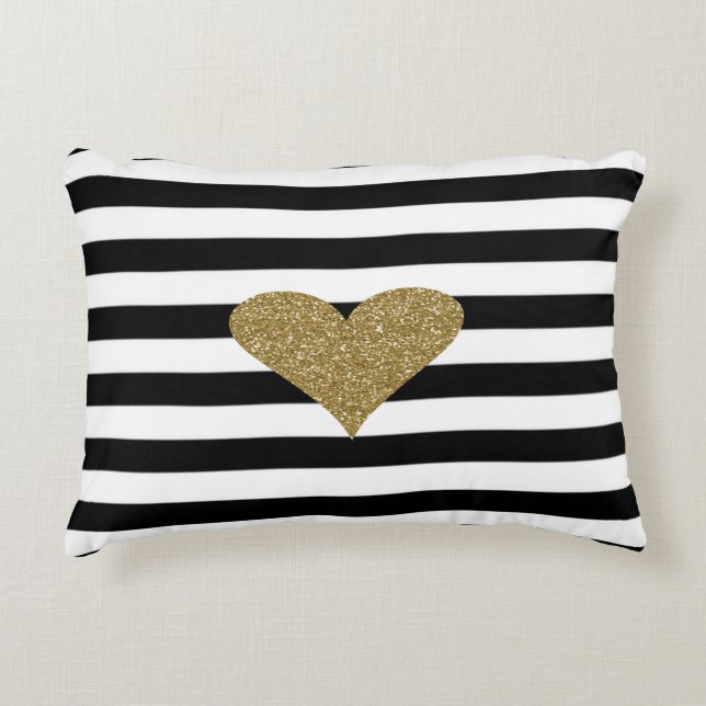Chic Faux Gold Glittery  Heart Black White Stripes Accent Pillow (Front)