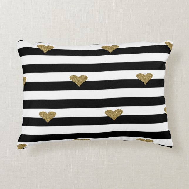 Chic Faux Gold Glittery Hearts Black White Stripes Accent Pillow (Front)